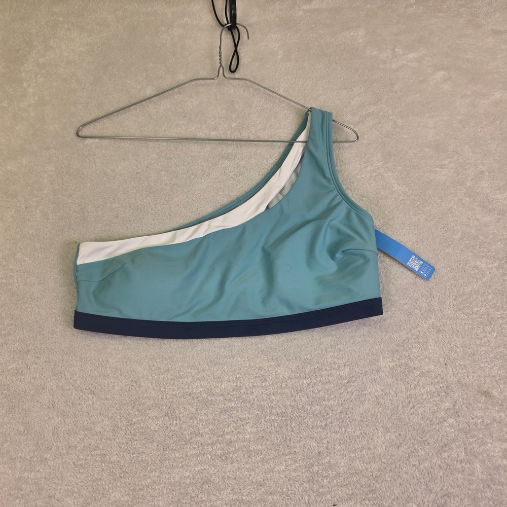 Cupshe Womens One Shoulder Colorblock Bikini Top Aqua Navy Blue Size L NEW